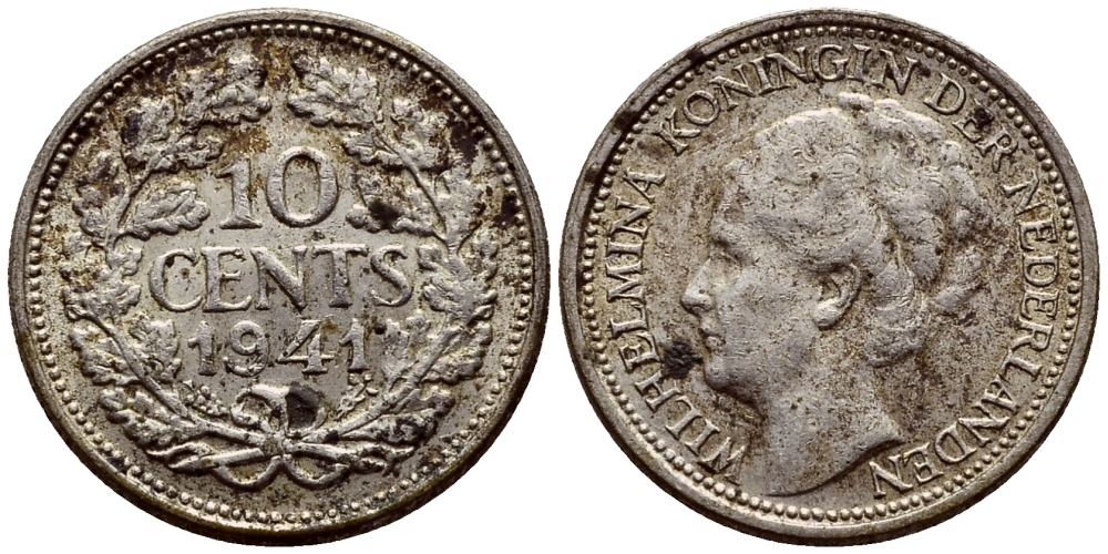 Нидерланды 10 центов 1941 Вильгельмина I (1890-1948) КМ 163 серебро 46-626