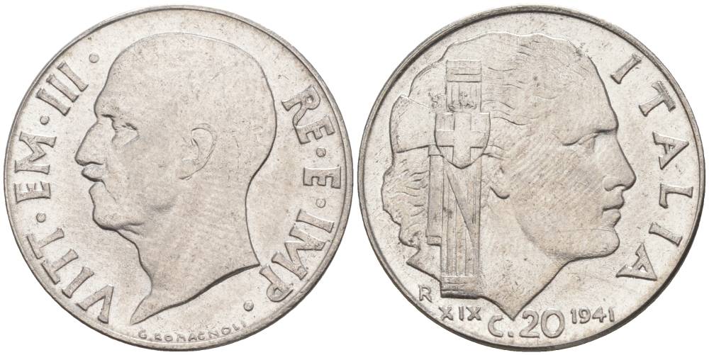 ИТАЛИЯ 20 ЧЕНТЕЗИМО 1941 R, ГОД XIX, ВИКТОР ЭММАНУИЛ III (1900-1946) KM 75b, VEM3. 1028 нержавеющая сталь 3853-1127
