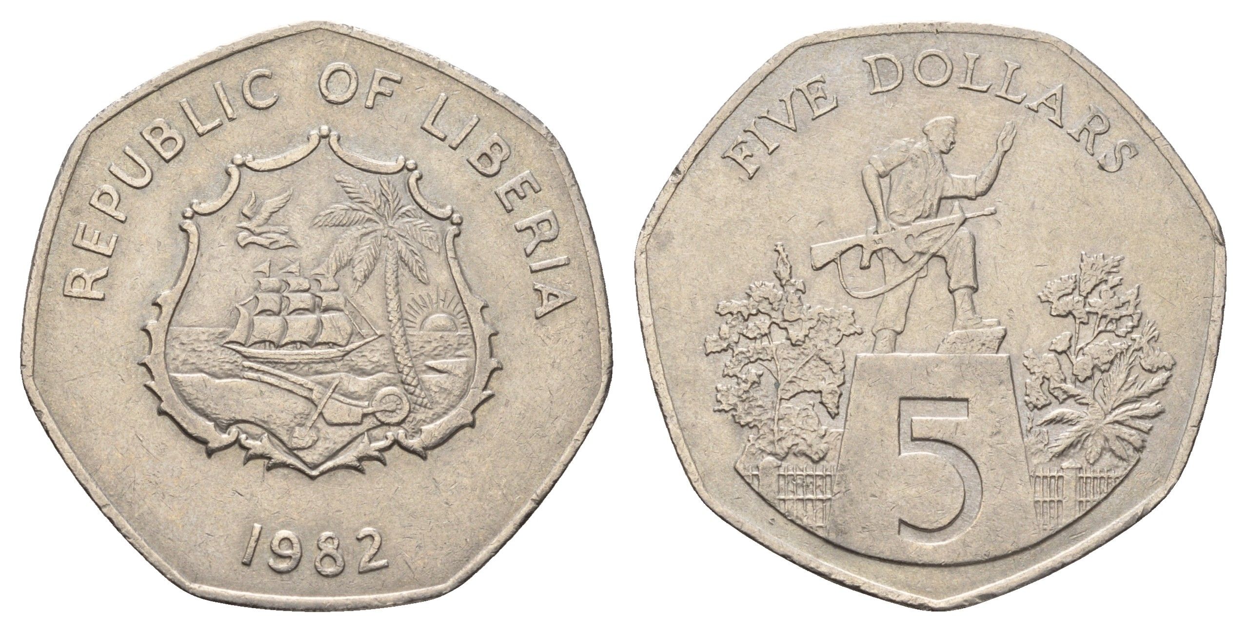Либерия 5 долларов 1982 KM 44 медно-никель 4672-1023