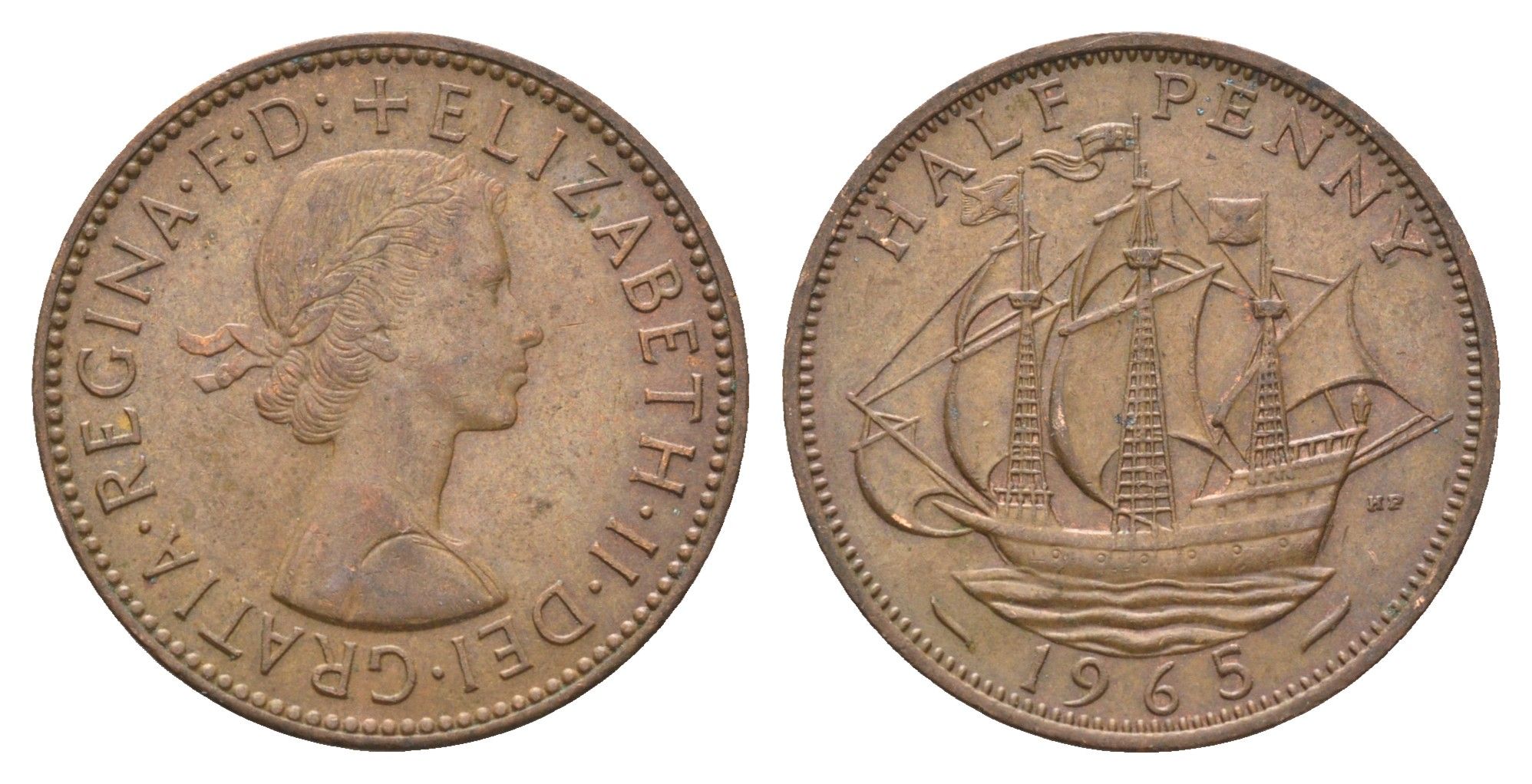 Великобритания 1/2 пенни 1965 Елизавета II (1952-2022) KM 896, Spink 4158 бронза 4662-1236