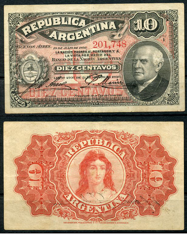 Аргентина 10 сентаво 1890 19 июля 1895, Доминго Фаустино Сармьенто Pick 228  бумага   451-31-2