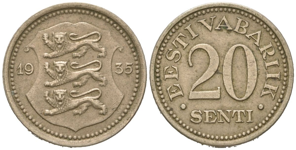Эстония 20 центов 1935 Республика (1918-1941) KM 17 никель бронза 4615-1068