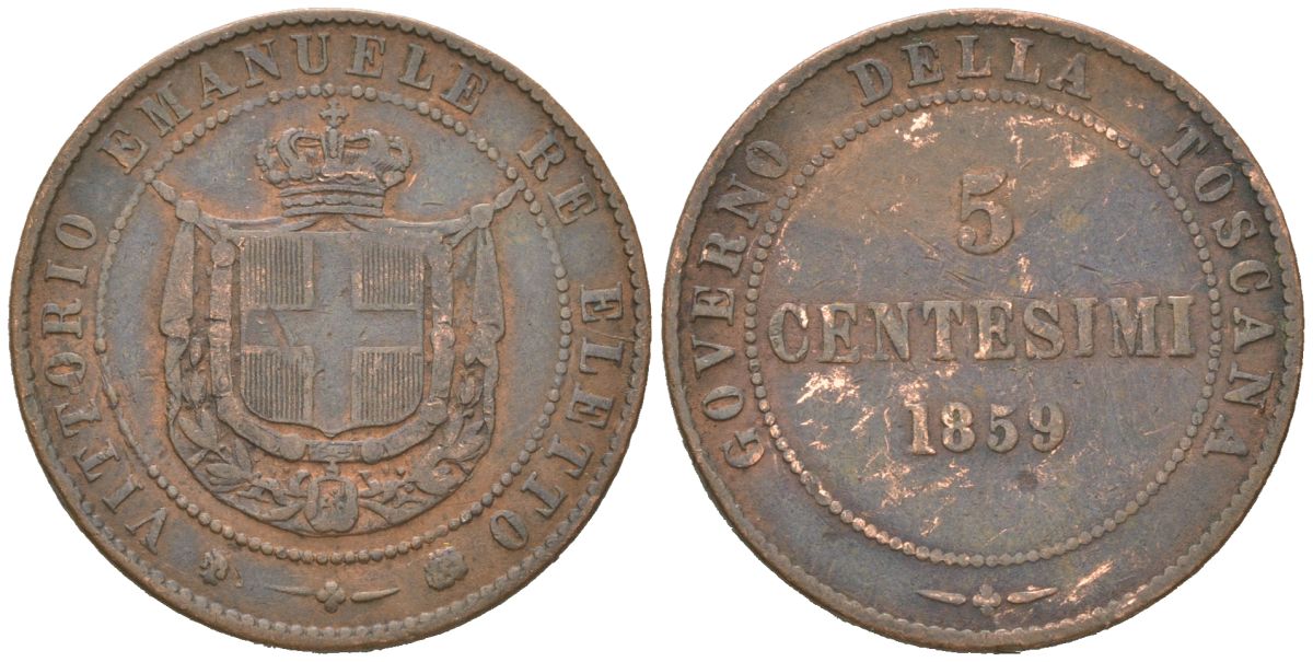 Италия 5 чентезимо 1859 Объединённые провинции Центральной Италии KM 6 бронза 110-825