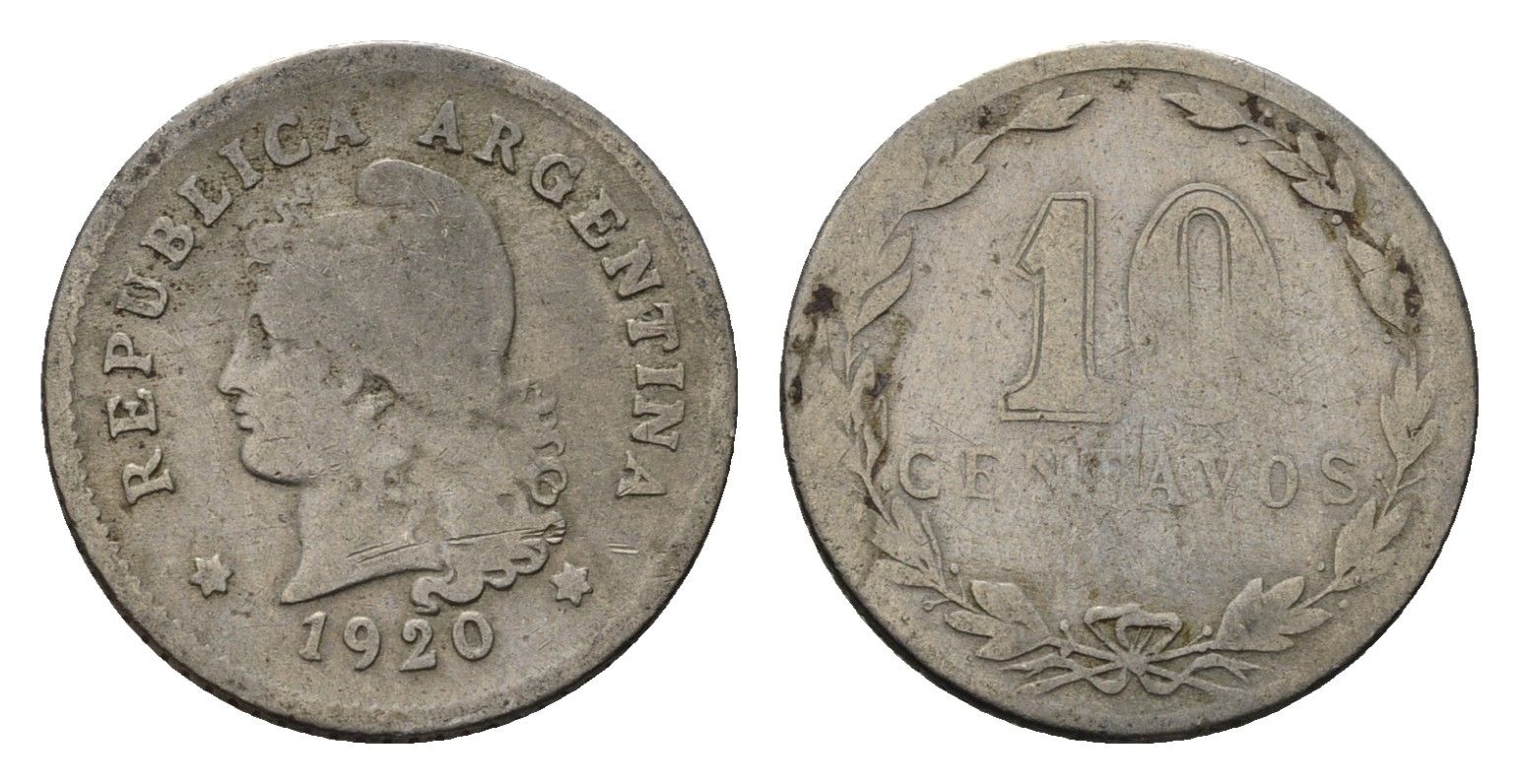 Аргентина 10 сентаво 1920 KM 35 медно-никель 4154-1152