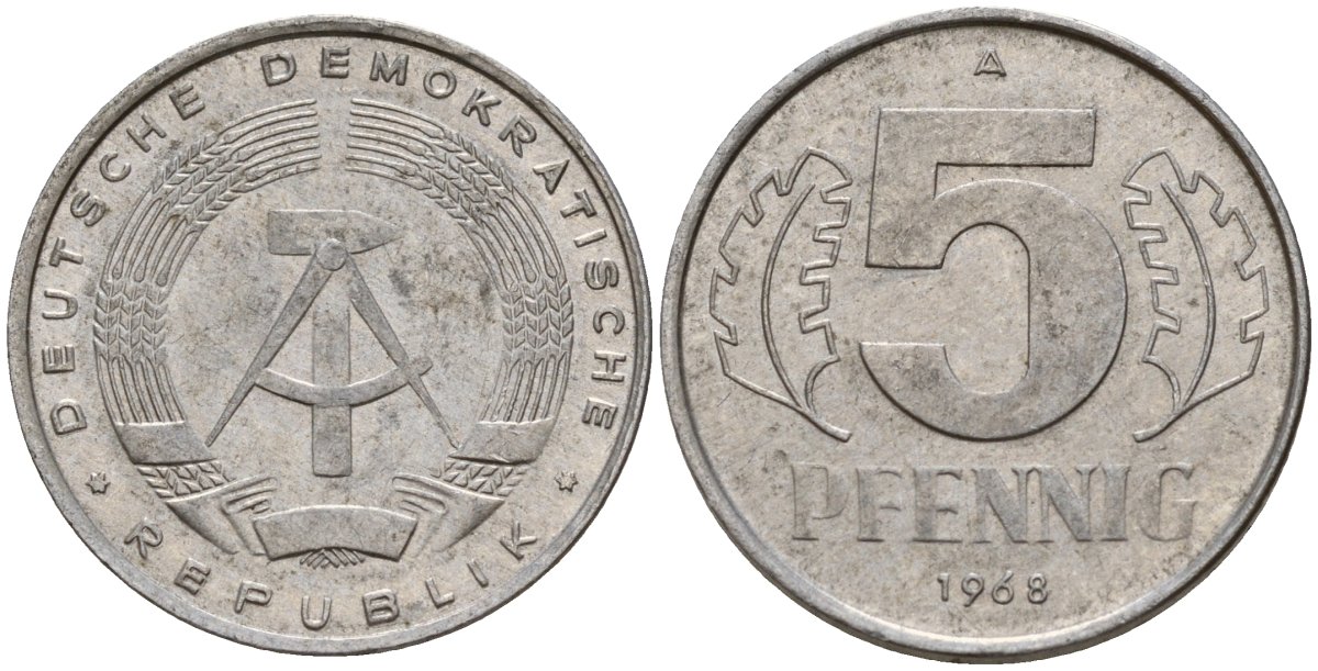 ГДР 5 пфеннигов 1968 A KM 9.1 алюминий 211-954