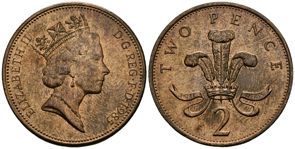 Великобритания 2 пенса 1985 Елизавета II (1952-2022) KM 936, Spink 4376 (C3) бронза 4381-1031