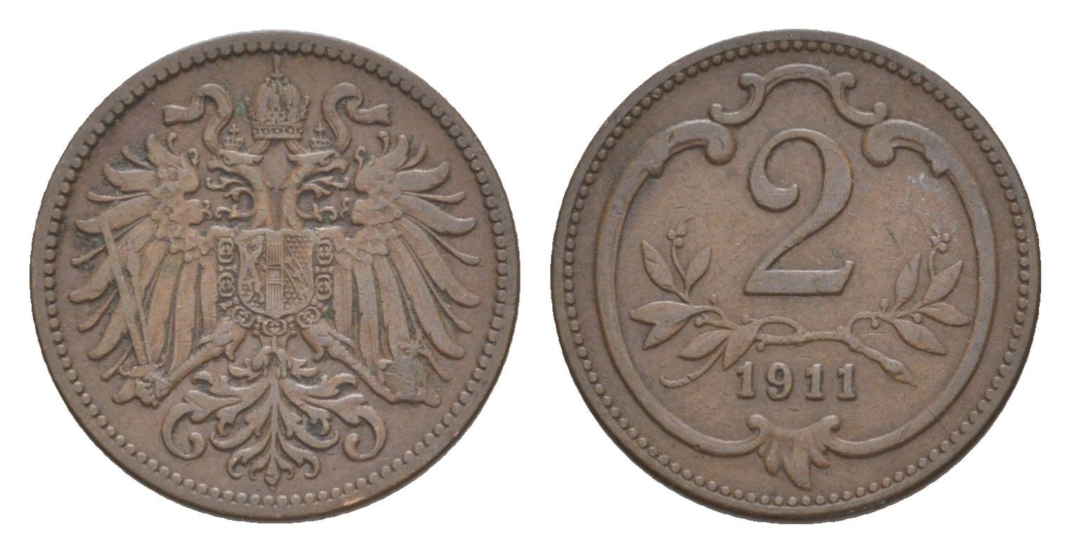 Австрия 2 геллера 1911 Франц Иосиф I (1848-1916) KM 2801 бронза 4639-1027