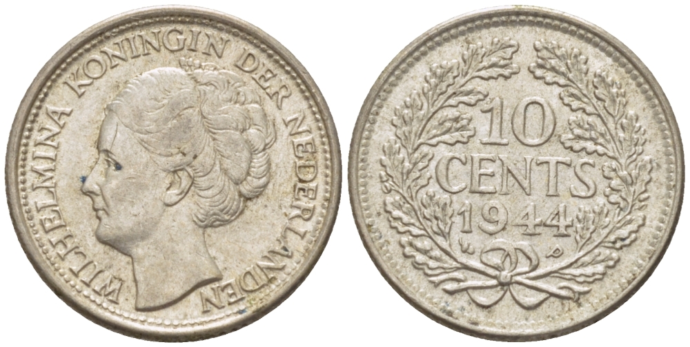 Нидерланды 10 центов 1944 Вильгельмина (1890-1948) KM 163 серебро aUNC 66-1258