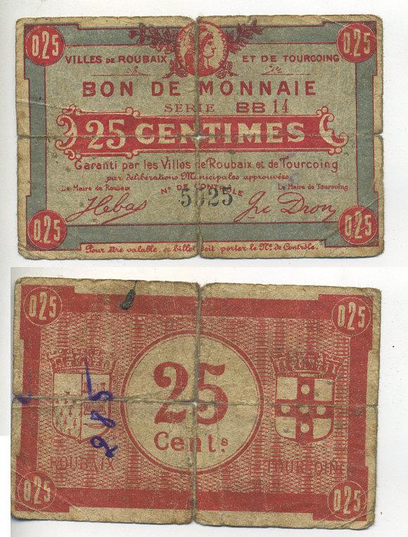 ФРАНЦИЯ 25 САНТИМОВ ND РЕГИОНАЛЬНЫЙ БОН ГОРОДОВ РУБЭ И ТУРКУЭН бумага 7552-29-1-1