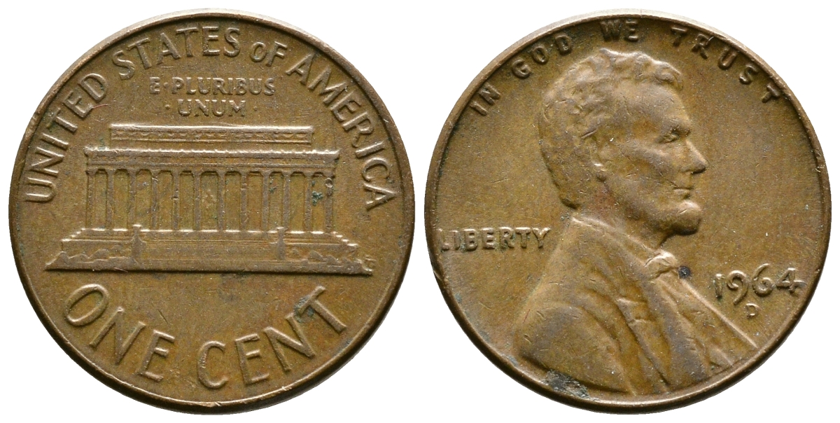 США 1 цент 1964 D, Авраам Линкольн KM 201 медь цинк 3458-128
