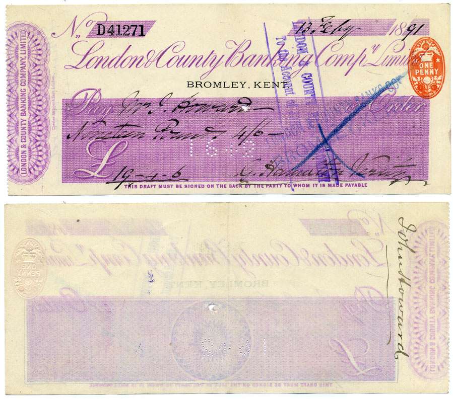 АНГЛИЯ ЧЕК НА 19 ФУНТОВ 4 ШИЛЛИНГА 6 ПЕНСОВ 1891 ВЫПИСАН 13 ФЕВРАЛЯ 1891, LONDON COUNTY BANKING COMP LIMITED бумага 6262-21-2