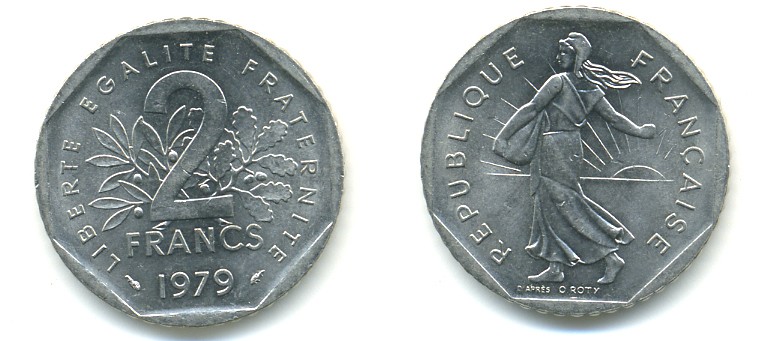 ФРАНЦИЯ 2 ФРАНКА 1979 СЕЯТЕЛЬ KM 942.1, LE FRANC 272.3 никель 57-437