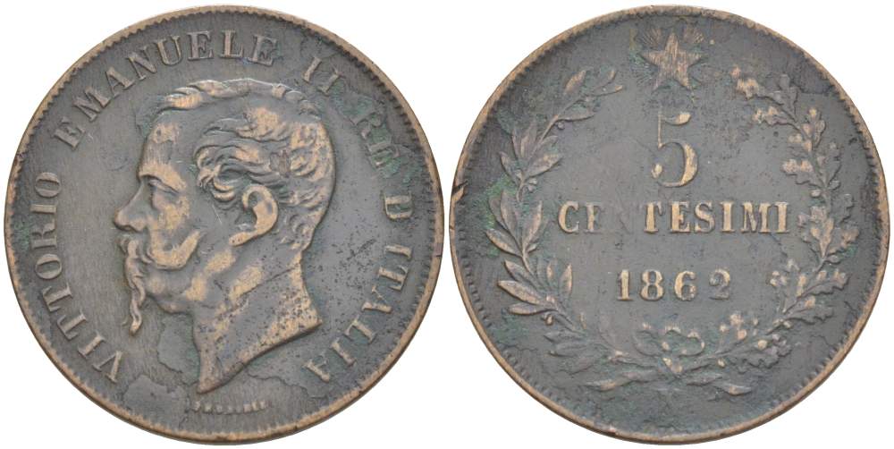 ИТАЛИЯ 5 ЧЕНТЕЗИМО 1862 N, МОНДВОР НЕАПОЛЬ, ВИКТОР ЭММАНУИЛ II (1861-1878) KM 3.3 медь 4525-123