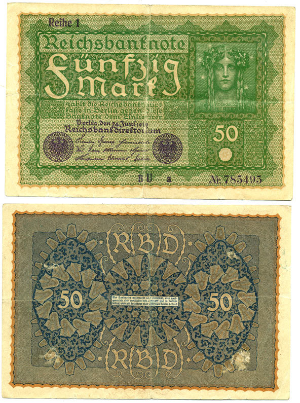 Германия 50 марок 1919 Reihe I, серия BU Pick 66, Rosenberg 62аа бумага 8617-38-2-1