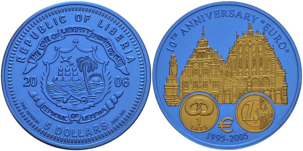 Либерия 5 долларов 2005 10 лет евро, страны не присоединившиеся к еврозоне, Латвия, монеты с сертификатом, би-колор (два цвета), вес 7,78 гр., диаметр 35 мм.  ниобий  UNC  1066-3-62
