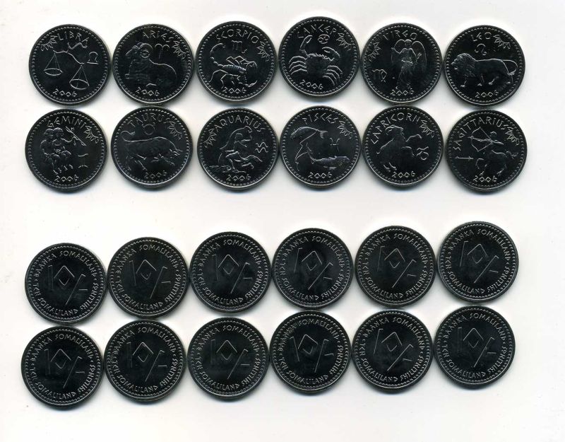Сомалиленд лот из 12 монет по 10 шиллингов 2006 знаки зодиака, восточный календарь никелиронанная сталь UNC N2-65