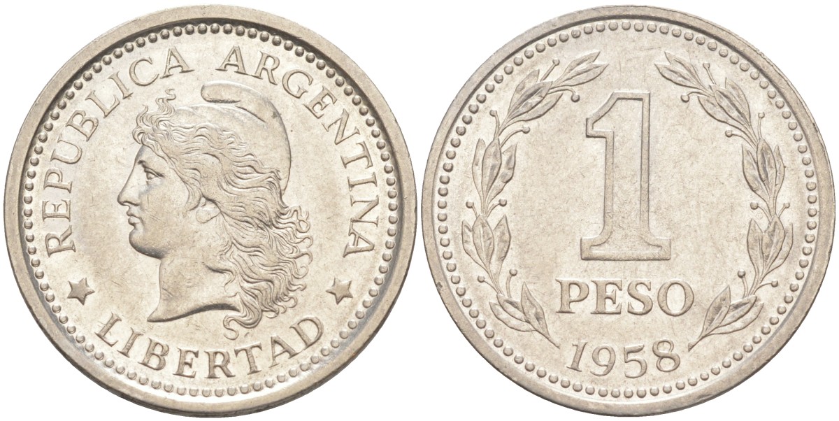 Аргентина 1 песо 1958 голова свободы влево KM 57 сталь плакированная никелем 4529-521