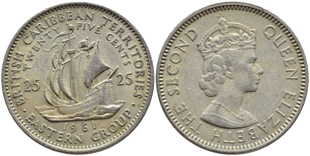 Британские Восточно-Карибские территории 25 центов 1961 Елизавета II (1952-2022), парусник KM 6 медно-никель 83-117