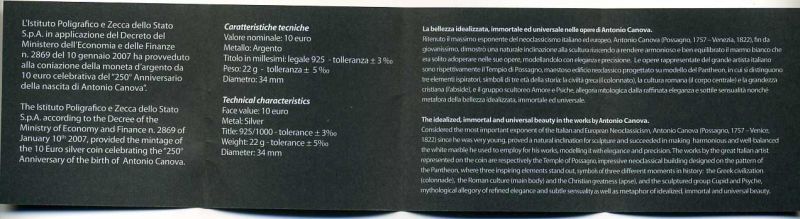 Италия 10 евро 2007 250 лет со дня рождения скульптора Антонио Кановы KM 296 серебро PROOF 3-6-2-35