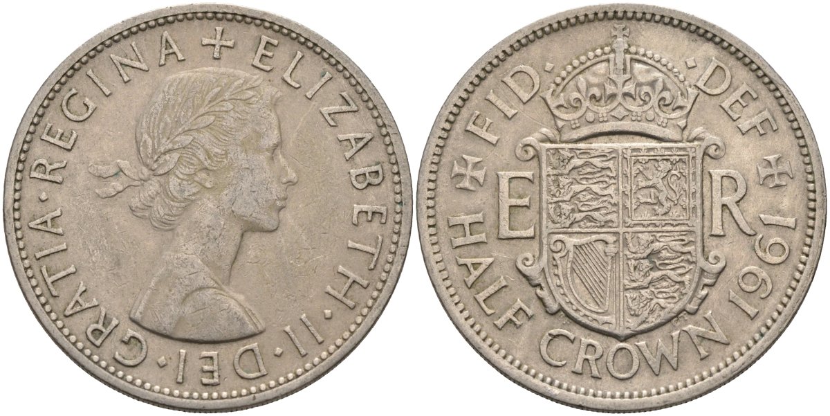 Великобритания 1/2 кроны 1961 Елизавета II (1952-2022) KM 907, Spink 4145 медно-никель 4587-1015