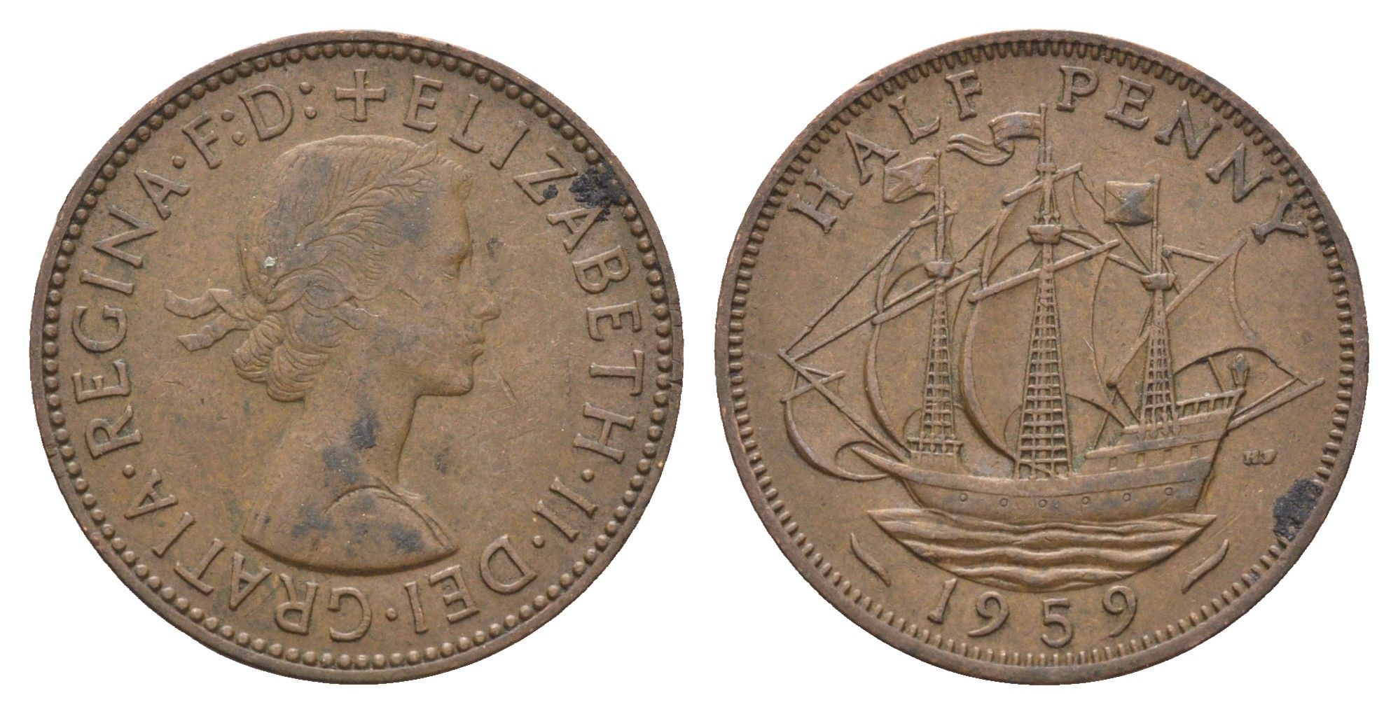 Великобритания 1/2 пенни 1959 Елизавета II (1952-2022) KM 896, Spink 4158 бронза 4662-1147