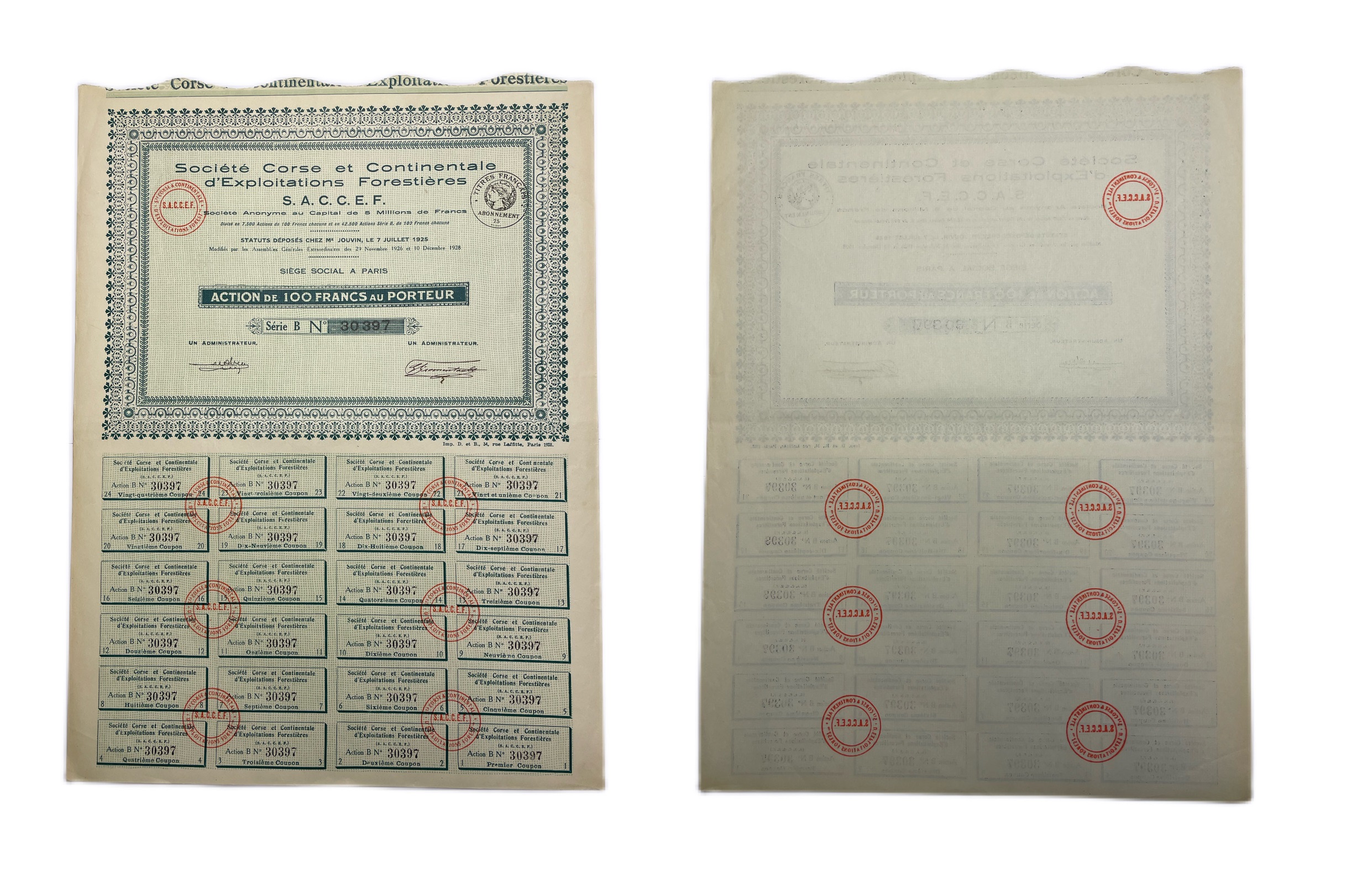 Франция, St Corse et Continentale d'Exploitations Forestires акция в 100 франков 1928 24 купона бумага 5548-87-1-2