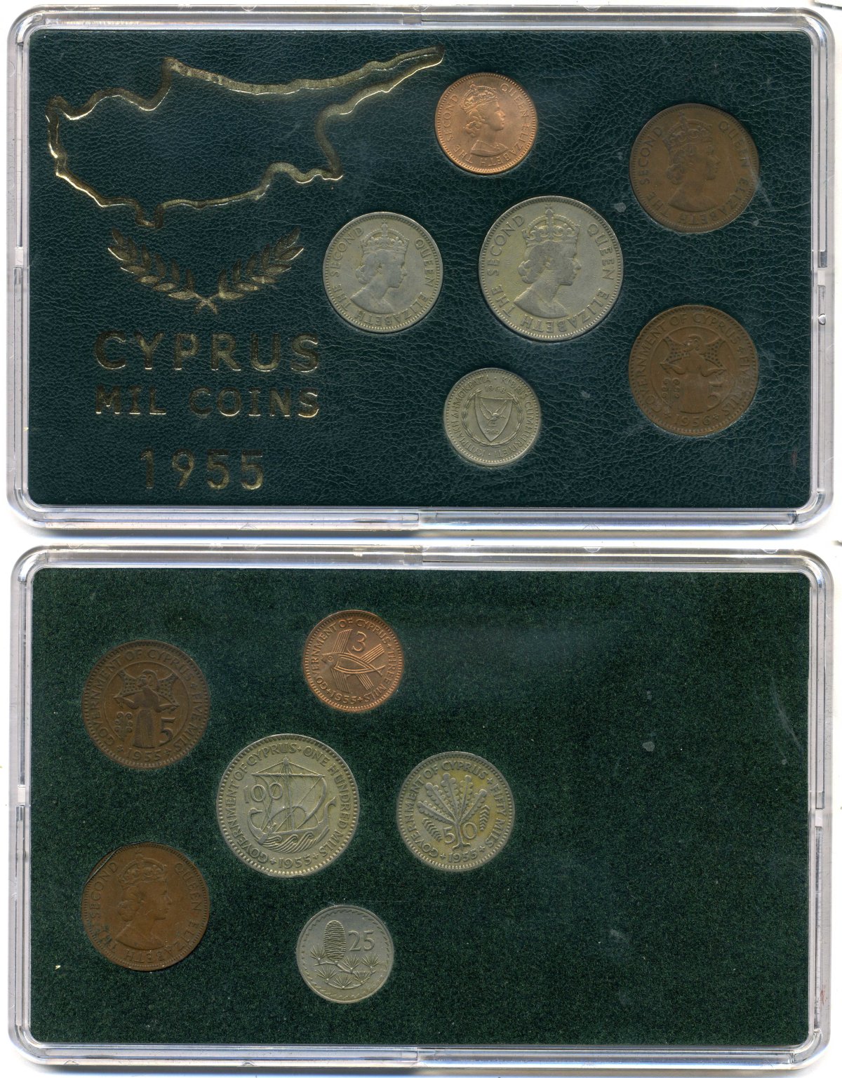 Кипр Британский набор из 6 монет 1955-1968 3, 5, 25, 50, 100 милей KM 33, 34, 36, 37, 40 бронза, медно-никель 7-5-5-29