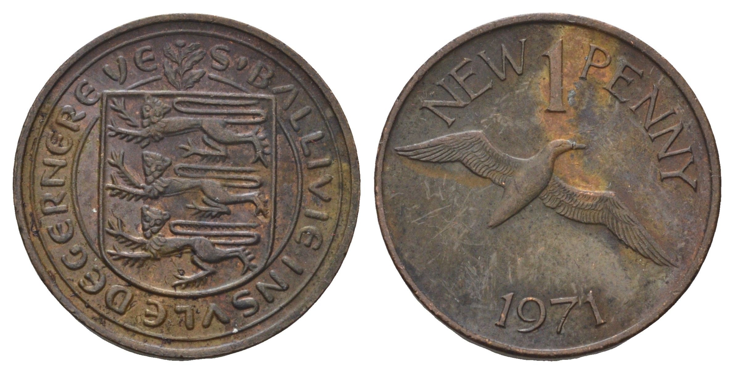Гернси 1 новый пенни 1971 Елизавета II (1952-2022), северная олуша в полете KM 21 бронза 4682-466