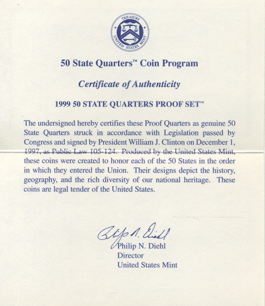США официальный набор из 5 монет 1999 s, набор из 5 квотеров, штаты США, пластик, в оригинальной коробке с сертификатом PROOF 3-6-2-7