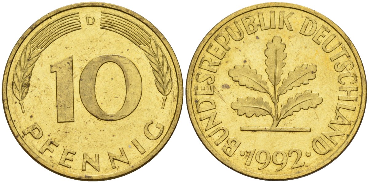 ФРГ 10 пфеннигов 1992 D KM 108, J. 383 сталь плакированная латунью 4175-1232