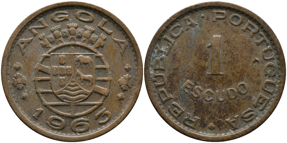 Португальская Ангола 1 эскудо 1963 KM 76 бронза 33-917