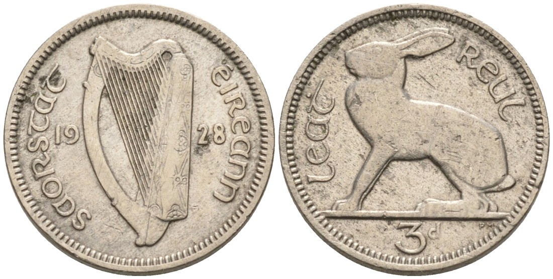 Ирландия 3 пенса 1928 ЗАЯЦ KM 4 никель 202-113