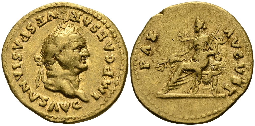 Римская Империя аурей 75 Веспасиан PAX AVGVSTI Пация, персонификация Мира, Рим, 7,08 ГР, Good Very fine RIC 770, Calic? 662 золото 00-000-00