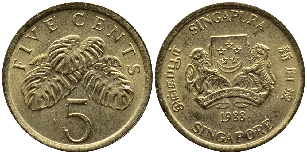 Сингапур 5 центов 1988 KM 50 алюминиевая бронза 26-958