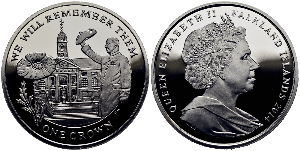 Фолклендские острова 1 крона 2014 в память героев первой мировой войны, Королевский госпиталь Челси KM 177a серебро  PROOF 1071-3-11
