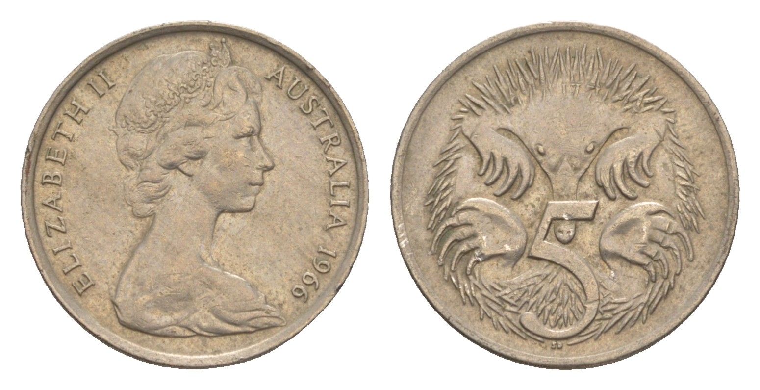 Австралия 5 центов 1966 Елизавета II (1952-2022) молодой портрет, ехидна KM 64 медно-никель 4151-162