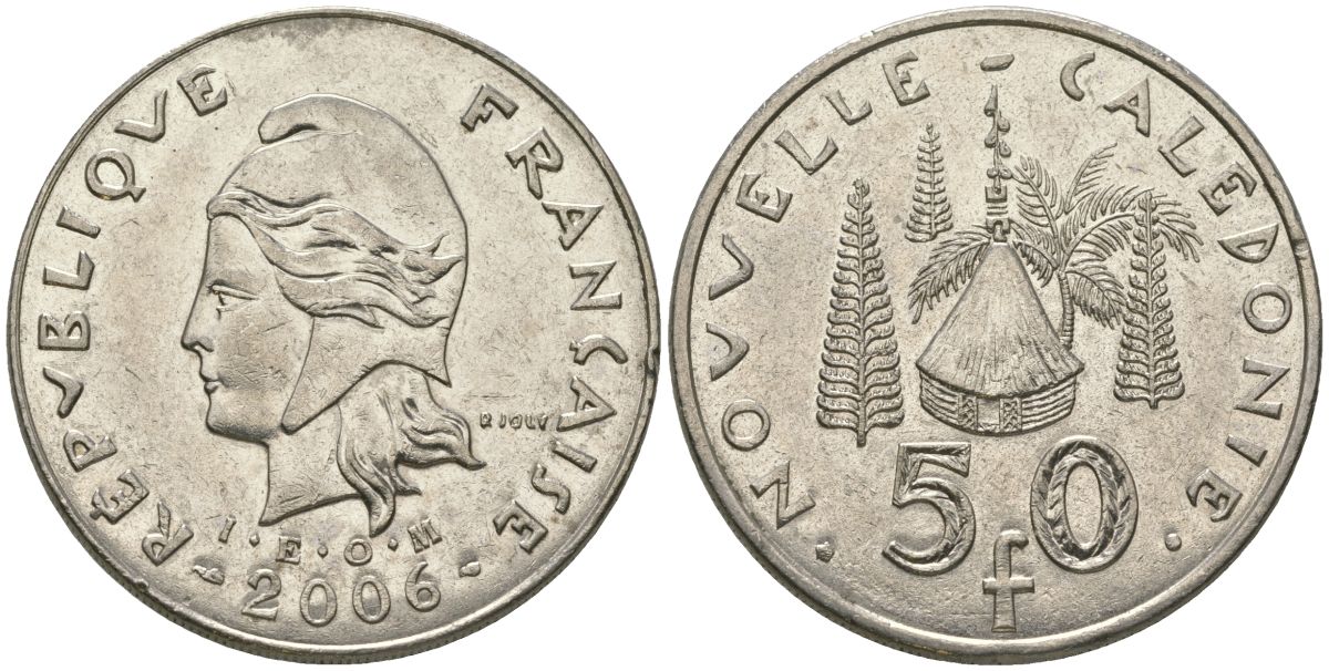 Французская Новая Каледония 50 франков 2006 хижина среди сосен и пальм, (IEOM) KM 13a, Schoen 15a, Lec 128i медно-никель 114-141