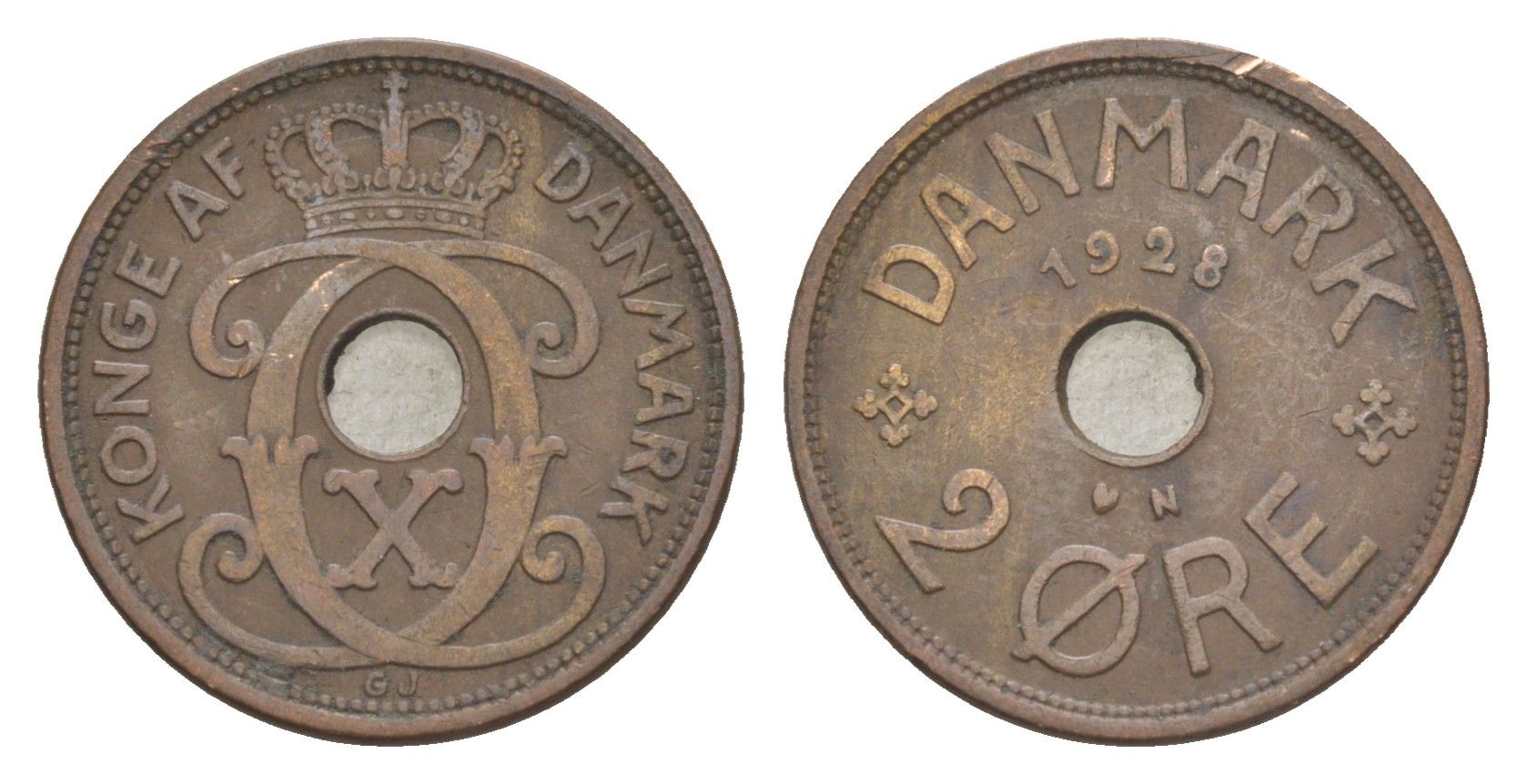 Дания 2 эре 1928 N, Кристиан X (1912-1947) KM 827 бронза 4639-737