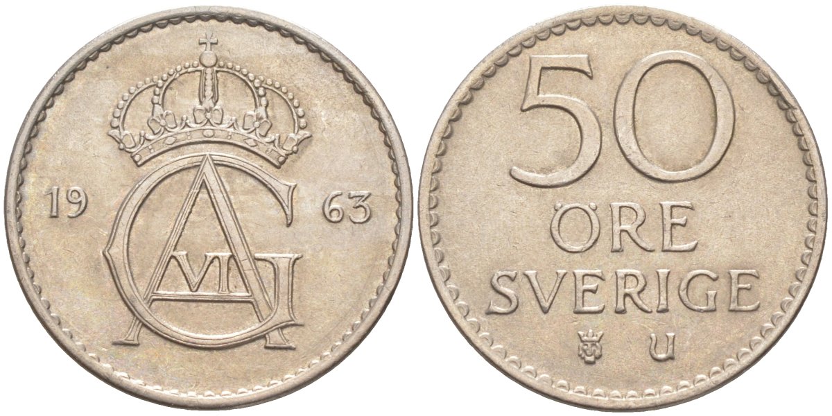 Швеция 50 эре 1963 U, Густав VI Адольф(1950-1973) KM 837 медно-никель 219-935