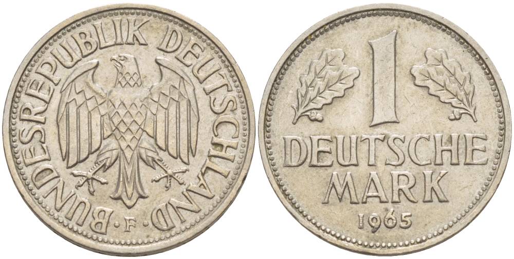 ФРГ 1 МАРКА 1965 F KM 110, J. 385 медно-никель 4551-1246