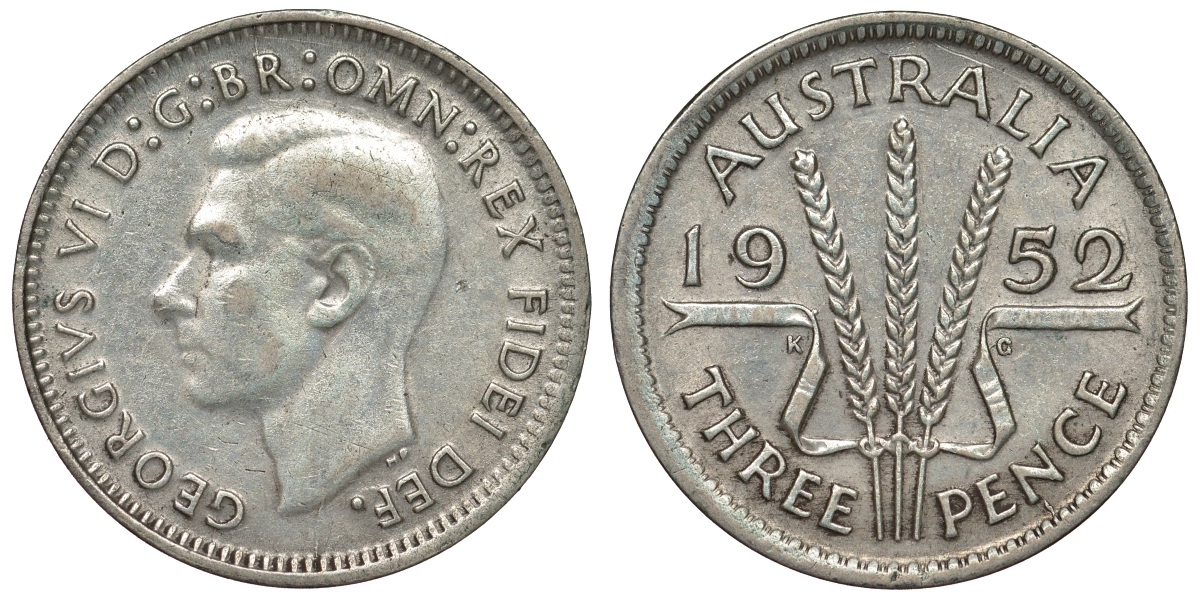 Австралия 3 пенса 1952 m, Георг VI (1937-1952), без букв KM 44 серебро 71-368
