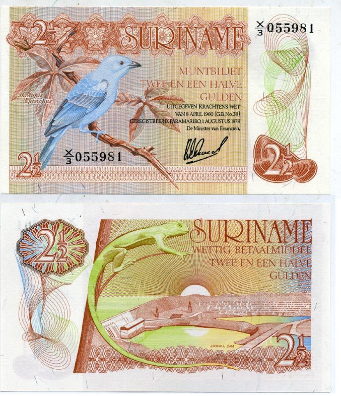 СУРИНАМ 2 1/2 ГУЛЬДЕНА 1978 1 АВГУСТА 1978, ПТИЧКА НА ВЕТКЕ, ДАМБА Pick 118b бумага UNC (ПРЕСС) 7484-72-2