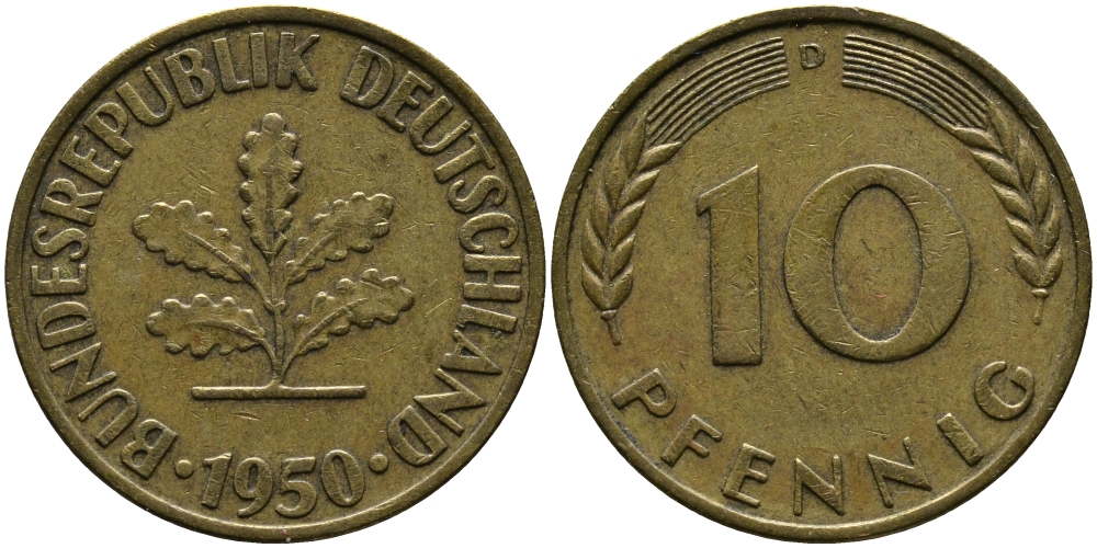 ФРГ 10 ПФЕННИГОВ 1950 D KM 108, J.383 сталь плакированная латунью 33-115