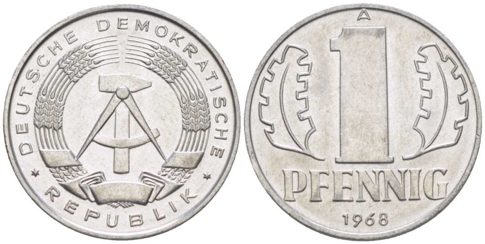ГДР 1 ПФЕННИГ 1968 А KM 8.1 алюминий 66-359