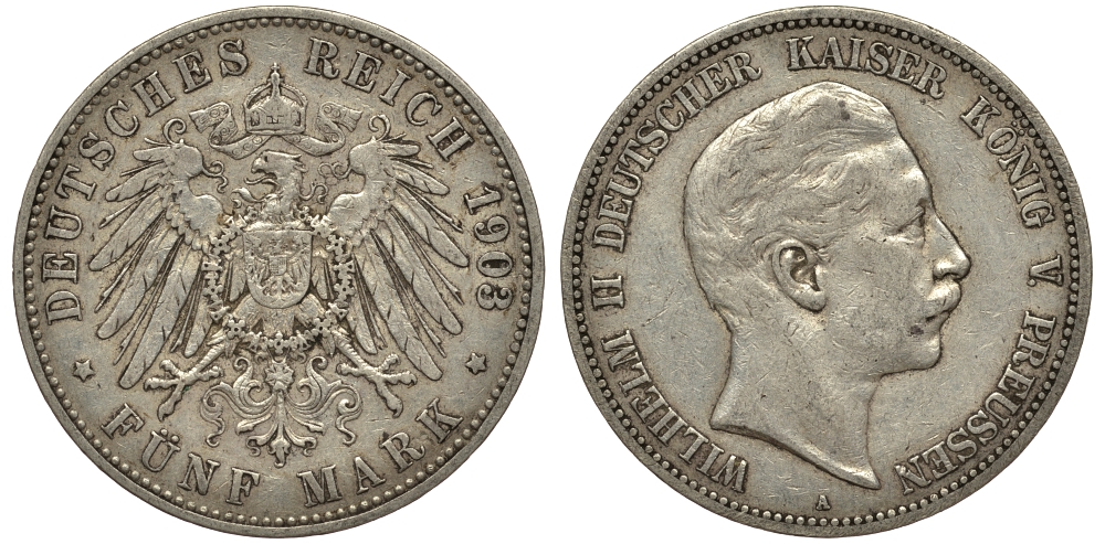 Пруссия 5 марок 1903 Вильгельм II (1888-1918) KM 523, J.104 серебро 00-000-00