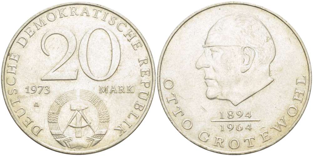 ГДР 20 марок 1973 А, Отто Гротеволь (1894-1964) KM 47 медно-никель 4521-542