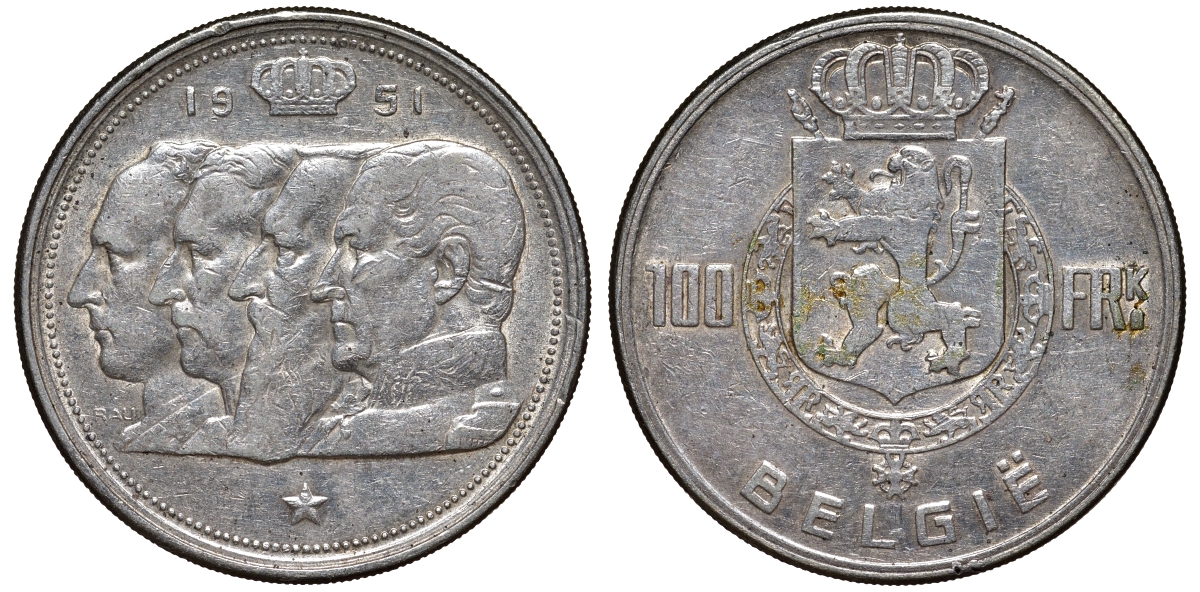 Бельгия 100 франков 1951 Belgie, королевская династия KM 139.1 серебро    1530-632