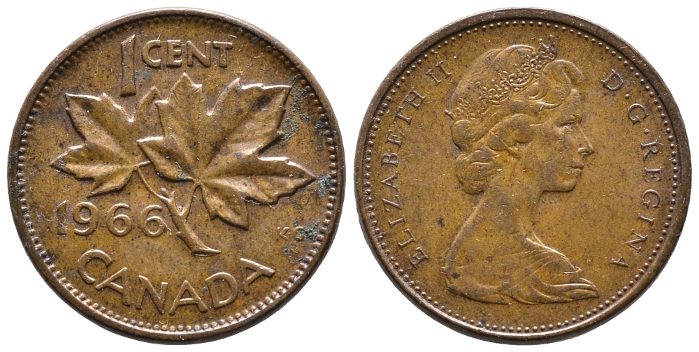 Канада 1 цент 1966 Елизавета II (1952-2022), кленовый лист KM 59.1 бронза 177-955