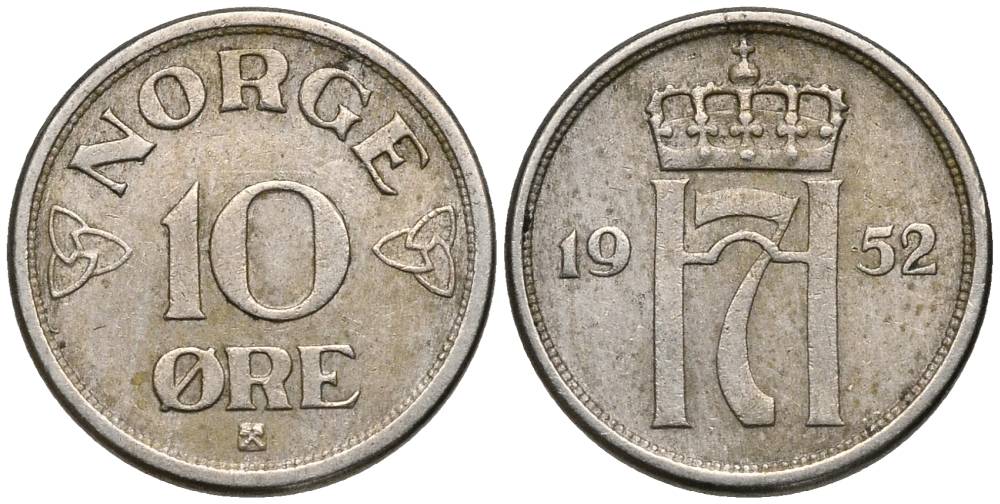 Норвегия 10 эре 1952 Хокон VII (1905-1957) KM 396 медно-никель 4549-964