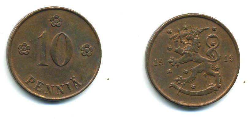 Финляндия 10 пенни 1919 KM 24 медь 37-833